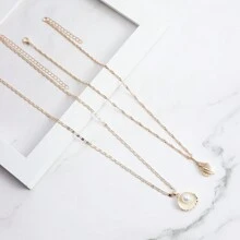 1 件多层珍珠贝壳吊坠项链，波西米亚金色扁平蛇链项链，百搭海滩风格，适合女性