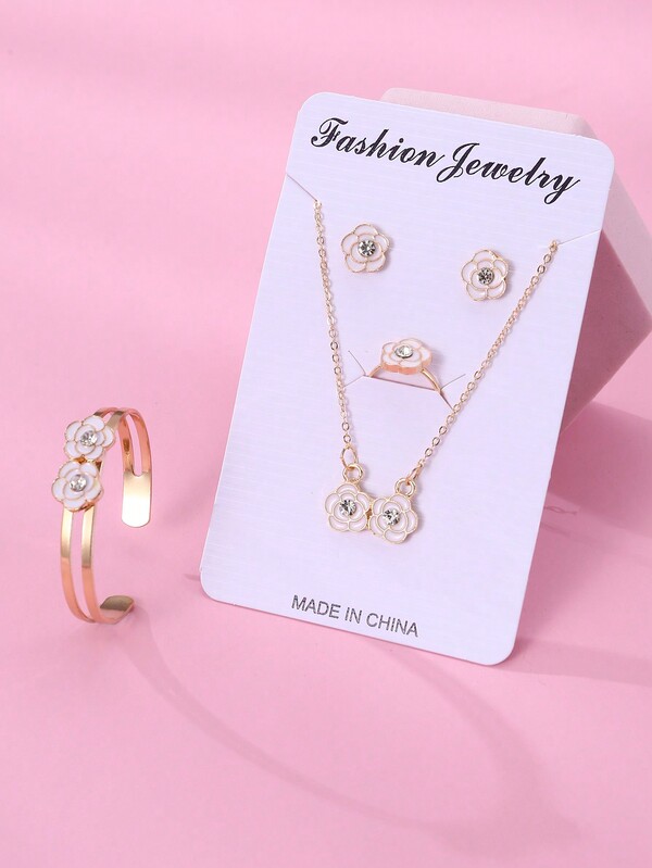 5pcs/Set Girls Flower Necklace, Earrings, Bracelet, Ring Jewelry Set