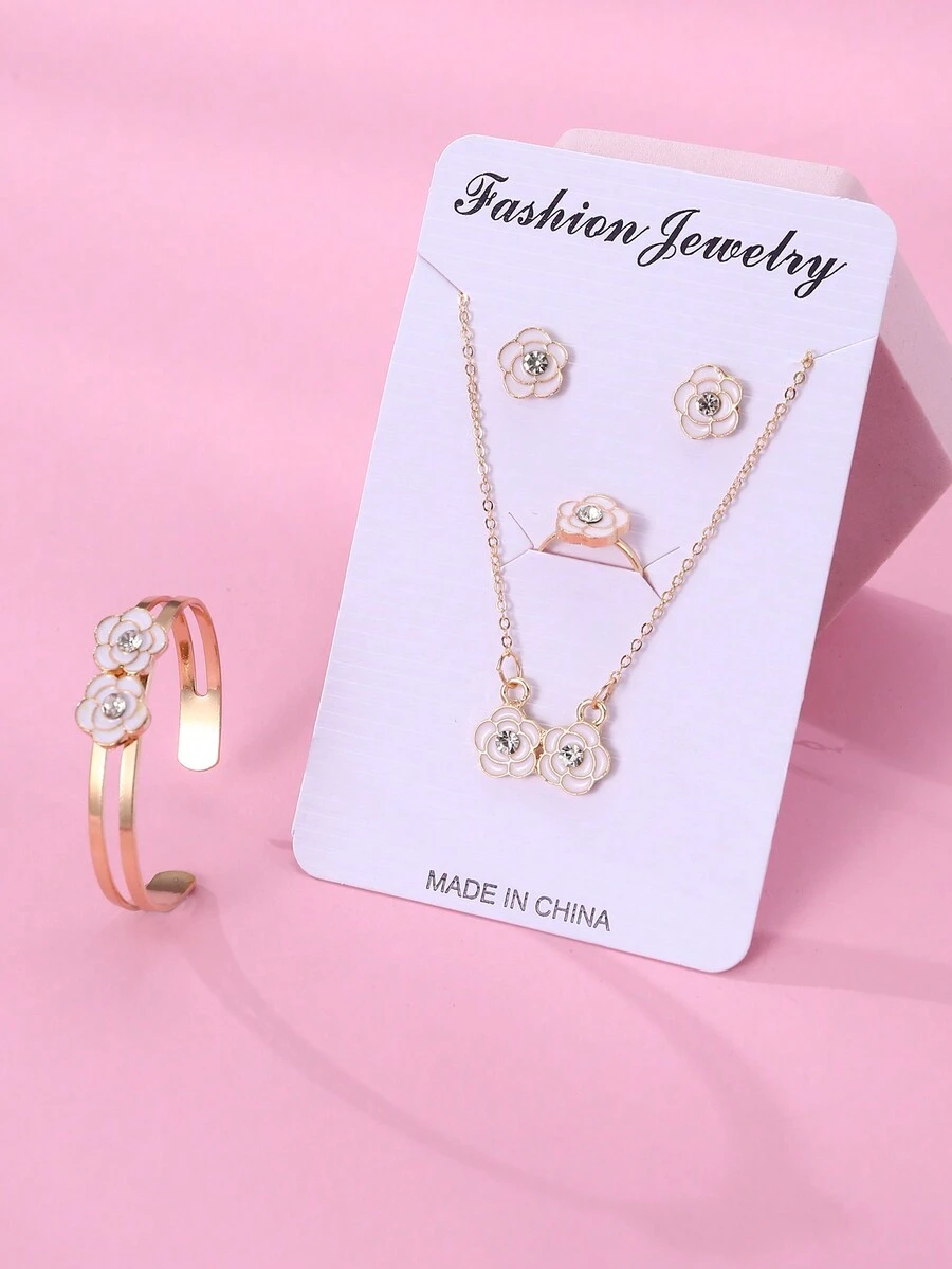 5 Stücke/Set Mädchen Blumen Halskette, Ohrringe, Armband, Ring Schmuckset - Blumen - Übersicht 1