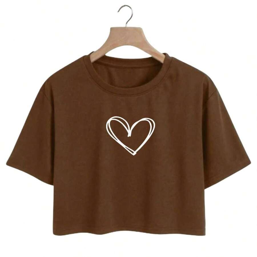 Cropped Women's T-Shirt Cotton Blouse Heart - 鏽棕色 - 查看 1