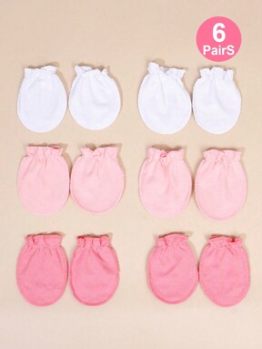 6 Pairs Newborn Baby Solid Color Mittens, Pink, Scratch-Proof, Suitable For All Seasons, Soft And Comfortable, Very Friendly To Baby Skin, Full Finger Design For Baby Girls