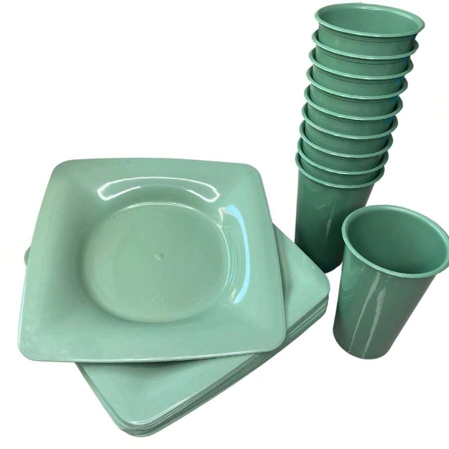 Kit 10 Pratos Quadrados De Plastico + 10 Copos 300ml Reutilizável - Lanche, Refeições