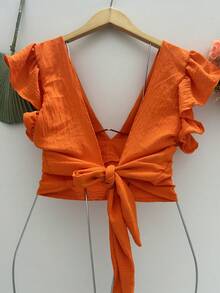 Texu Women's Cropped Shirt With V-Neck - 橘色 - 查看 3