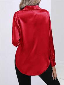 Ladies' Casual Turn-Down Collar Button Faux Silk Satin Solid Color Long Sleeve Blouse,Long Sleeve Tops - Đỏ - Xem 2