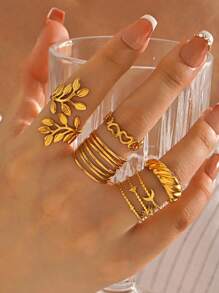 5 peças/conjunto de anéis abertos de aço inoxidável com linha de folhas elegantes, adequados para uso diário feminino