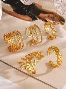 5 peças/conjunto de anéis abertos de aço inoxidável com linha de folhas elegantes, adequados para uso diário feminino