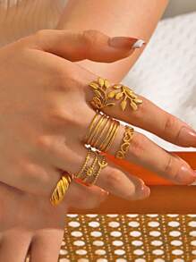 5 peças/conjunto de anéis abertos de aço inoxidável com linha de folhas elegantes, adequados para uso diário feminino