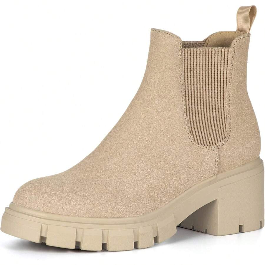 Athlefit Women's Chelsea Boots Fashion Stylish Versatile Comfortable Lug Sole Chunky Heel Slip On Elastic Ankle Booties - 裸體 - 查看 1