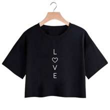 Cropped Women's T-Shirt Cotton Blouse Love - 黑色 - 查看 1