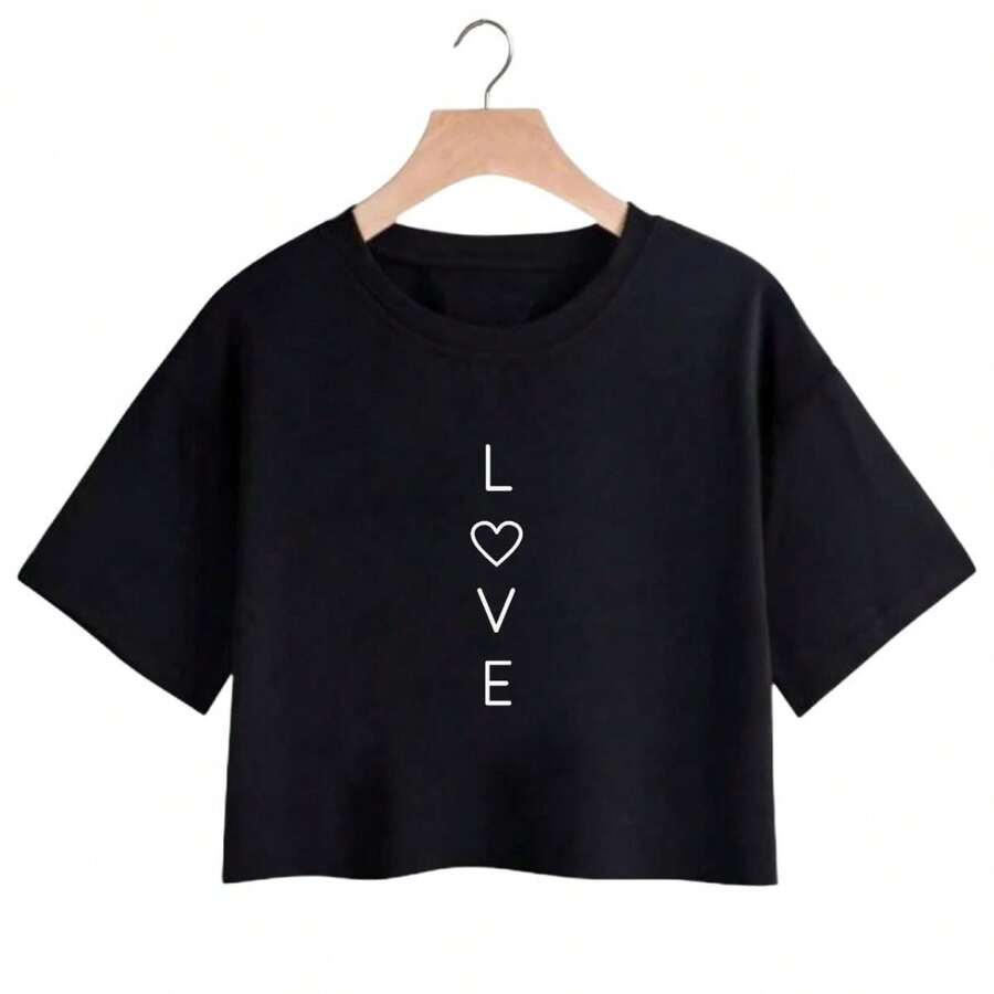 Cropped Women's T-Shirt Cotton Blouse Love - 黑色 - 查看 1