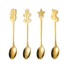 4件装不锈钢圣诞礼物餐具勺子创意咖啡节日礼盒可爱卡通姜饼人勺子。 - 金色 - 查看 3