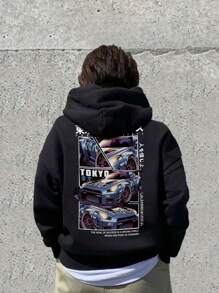 男童休闲印花黑色羊毛连帽运动衫，秋季 - 黑色 - 查看 1