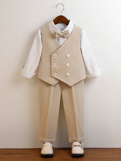 4 件套小男孩西装套装：背心 + 裤子 + 衬衫 + 领结，正式场合服装，花童服装，绅士装，秋季