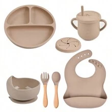 Bộ đồ ăn bằng silicon 6 món cho bé: Bộ đồ ăn cho trẻ mới biết đi có đĩa hút, bát, yếm, nĩa và thìa, cốc có ống hút, an toàn cho trẻ từ 0-3 tuổi - Lý tưởng - Nhiều màu - Xem 9