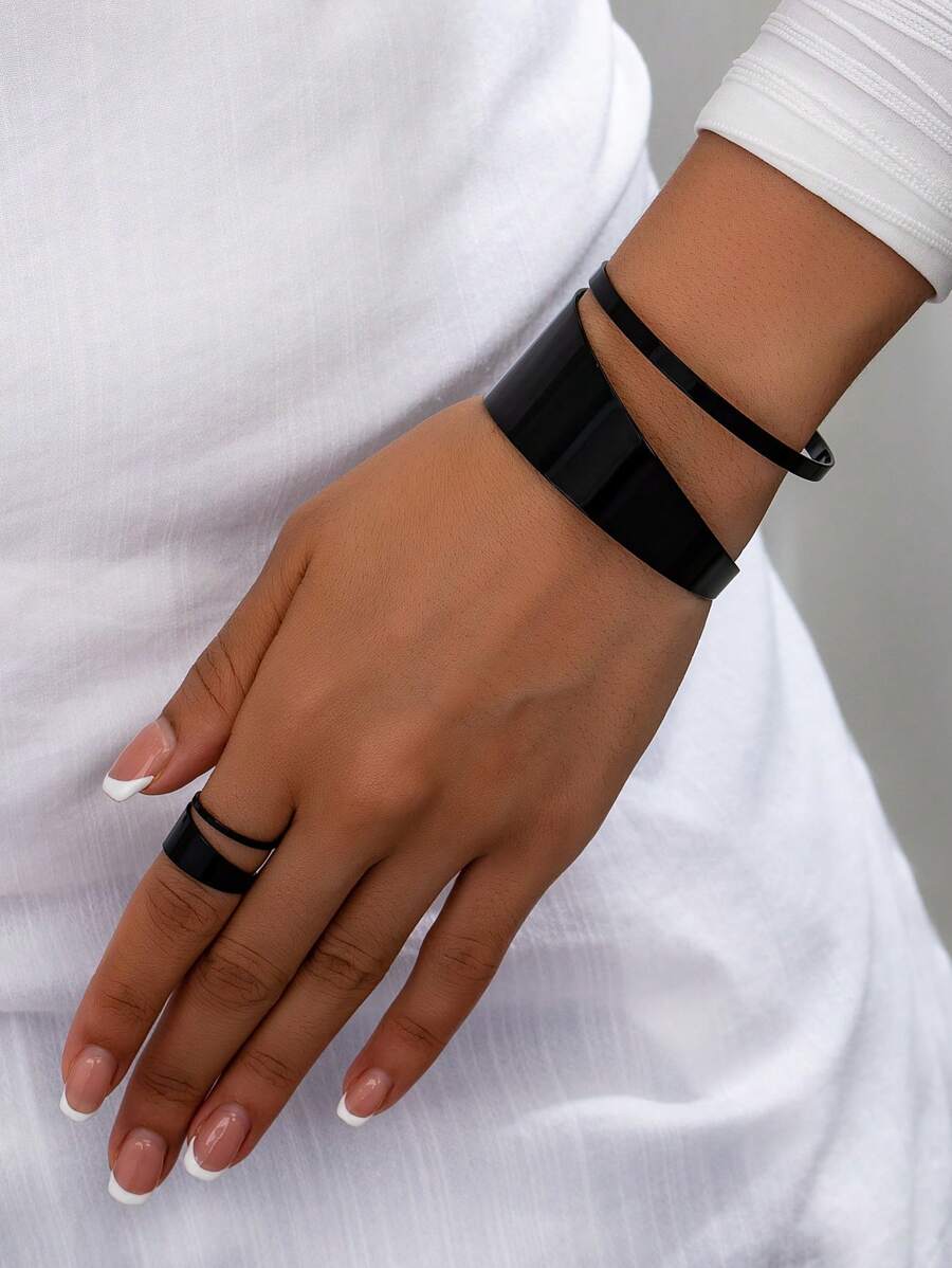 1set Minimalist Geometric Hollow Double-Layer Line Bracelet & Ring Jewelry Set For Women, Holiday Gift