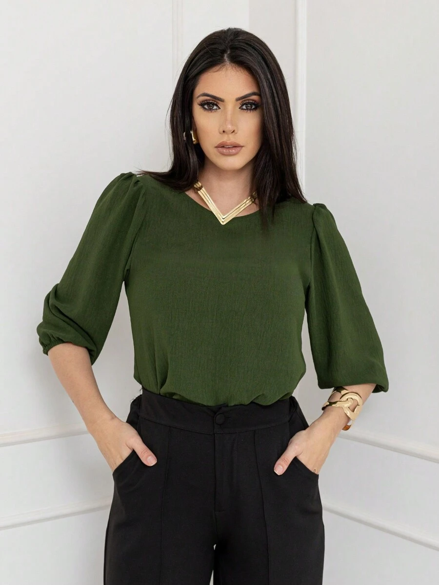 Women's Blouse With 3/4 Sleeves In Plain Dune Fabric - 軍綠色 - 查看 1
