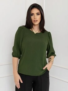Women's Blouse With 3/4 Sleeves In Plain Dune Fabric - 軍綠色 - 查看 4