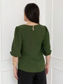 Women's Blouse With 3/4 Sleeves In Plain Dune Fabric - 軍綠色 - 查看 5