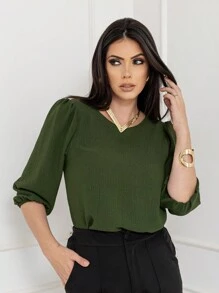 Women's Blouse With 3/4 Sleeves In Plain Dune Fabric - 軍綠色 - 查看 2