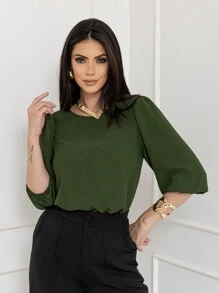 Women's Blouse With 3/4 Sleeves In Plain Dune Fabric - 軍綠色 - 查看 3