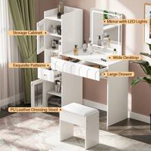 Dressing Table With Mirror And Stool, Modern Vanity Set, 3 Drawers And 2 Large Storage Cabinets, Bedroom Makeup Desk For Women Girls - White - View 3