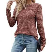 Solid Color Crewneck Loose Knit Women's Brushed Ribbed Sweater Long Sleeve Shirt For Fall, Winter, And Spring, Lightweight Women's Sweater Top, Elegant Casual Fashion