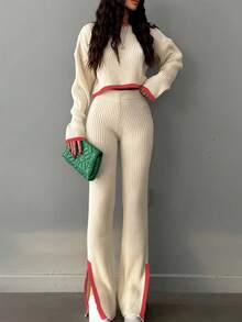 Autumn/Winter New Women's Casual Fashion Short Sleeve Contrast Color Side Slit Knit Set, Round Neck Long Sleeve Cropped Top, Retro Contrast Color, Streetwear, Casual