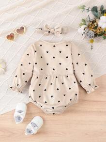 Bộ đồ liền thân vải nhung kẻ in hình trái tim cho bé gái, có khóa bấm ở đáy quần kèm băng đô - Màu Khaki - Xem 2