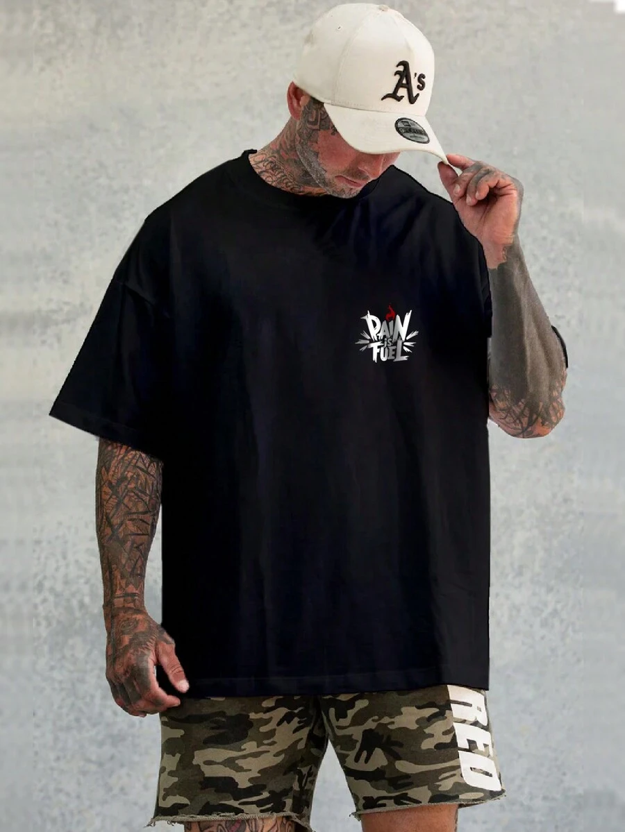 Men's Oversized Pain Is Fuel T-Shirt Bodybuilding Gym Workout Shirt - 黑色 - 查看 1