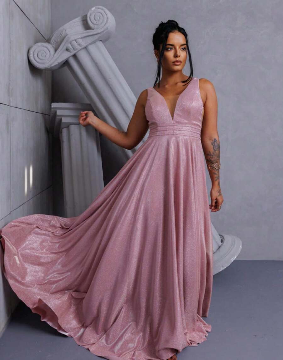 Bridesmaid Dress With Lurex Shine, Marked Waist, Lilac, Terracotta, Olive Blue, Emeral Green, Fuchsia, Serenity Blue Or Rose - Màu hồng gỉ - Xem 1