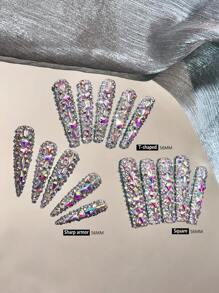 Y2K 奢华全水钻自制美甲压花高跟鞋（纯手工制作）、3D 超长奢华 AB 圆形和异形水晶水钻设计、重量轻、完美贴合指甲尖、时尚软凝胶假指甲、可重复使用的天然丙烯酸假指甲、粘性指甲、光滑假指甲、全覆盖丙烯酸假指甲、女士礼物、日常穿着、女士派对、舞会或节日、10 个指甲 - 彩色 - 查看 1