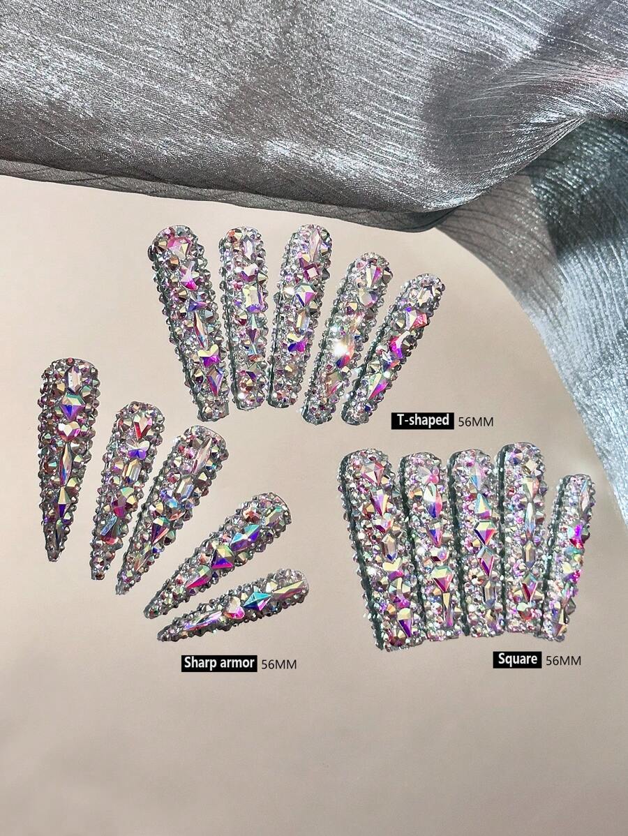 Y2K 奢华全水钻自制美甲压花高跟鞋(纯手工制作)、3D 超长奢华 AB 圆形和异形水晶水钻设计、重量轻、完美贴合指甲尖、时尚软凝胶假指甲、可重复使用的天然丙烯酸假指甲、粘性指甲、光滑假指甲、全覆盖丙烯酸假指甲、女士礼物、日常穿着、女士派对、舞会或节日、10 个指甲 - 彩色 - 查看 1
