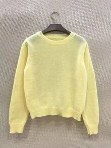 女式简约纯色圆领长袖针织毛衣 - 黃色 - 查看 2