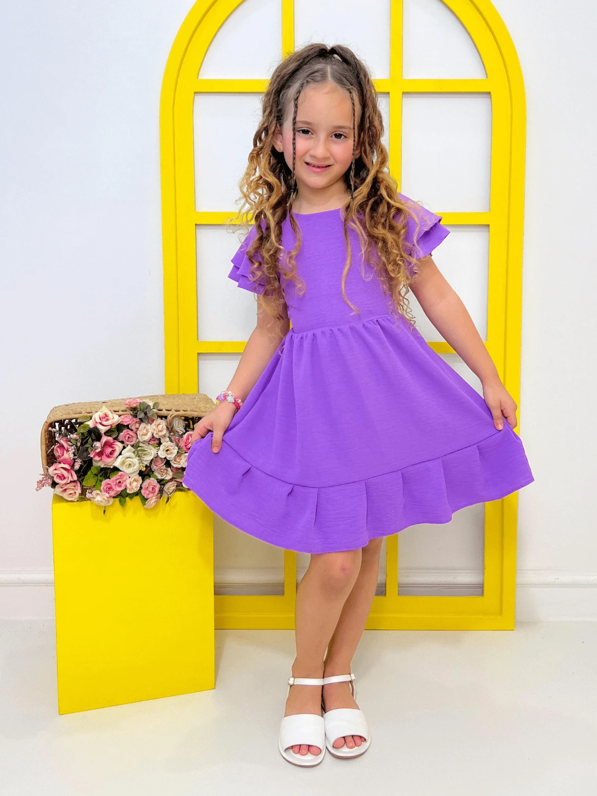 Children's Dress With A Flared Skirt For Graduation Party Christmas New Year With Sleeves, Crepe Dune Fabric, Solid Candy Colors, Borboletinhas Kids - Lilac Purple - View 1
