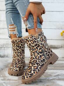 Oversized Warm Fur Lining Leopard Print Ankle Snow Boots For Women, Popular Style, Autumn/Winter 2024 - Leopard - View 5