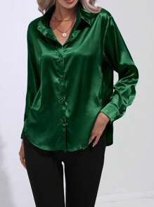 Women's Casual Turndown Collar Button Faux Silk Satin Poplin Solid Long Sleeve Blouse,Long Sleeve Tops - Dark Green - View 3
