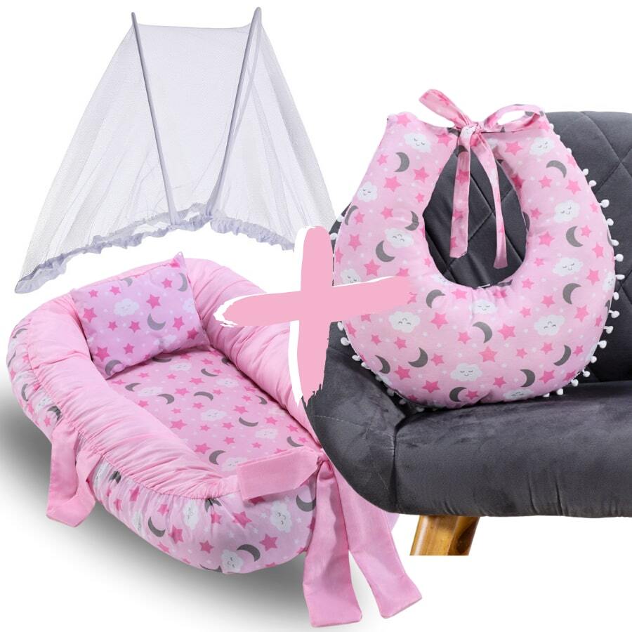 MeF Mae e Filho Baby Crib Reducer Nest Kit + Breastfeeding Pillow + Removable Portable Mosquito Net - 粉紅月光 - 查看 1