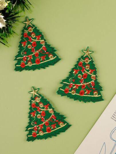3pcs/Set Colorful Christmas Tree Pattern DIY Fabric Patches, Cute Cartoon Style Polyester Iron-On, Sewing For Garments, Bags, Shoes, Hats, Home Decor