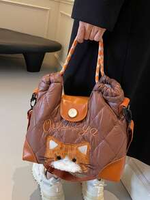 Unique Niche Design Fabric Puffy Bag, Soft And Fluffy, New Autumn Winter Collection, Embroidered Kitty Pattern, Fussy Texture, Large Capacity, Cute Japanese/Korean Style, Embroidered Letters, Rhinestone Embroidery Pattern, Office Commute, Daily Outings, Ladies Shopping Tote Handbag, Perfect Shopping, Mommy Bag, Ladies Handbag Shoulder Bag, Tote Bag, Gift For Friends - Multicolor - View 5