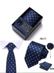 AlanKing 1 set de corbata, pañuelo de bolsillo, gemelos y broche con diseño de flor dorado para hombre, para fiestas/festivales
