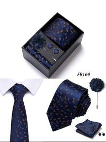 AlanKing 1 set de corbata, pañuelo de bolsillo, gemelos y broche con diseño de flor dorado para hombre, para fiestas/festivales