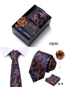 AlanKing 1 set de corbata, pañuelo de bolsillo, gemelos y broche con diseño de flor dorado para hombre, para fiestas/festivales