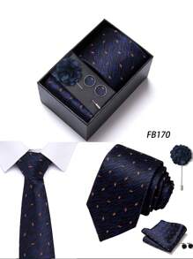 AlanKing 1 set de corbata, pañuelo de bolsillo, gemelos y broche con diseño de flor dorado para hombre, para fiestas/festivales