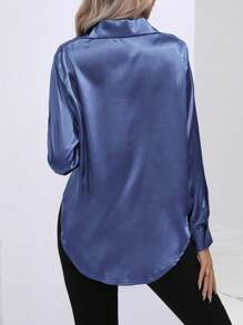 Women's Fashion Casual Collared Button Faux Silk Satin Poplin Long Sleeve Blouse - Blue - View 2