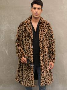 男士蓬松豹纹翻领长外套 - 棕色 - 查看 1