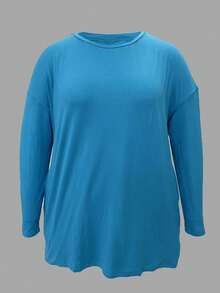 Plus Size Solid Color Casual Top With Pockets - Baby Blue - View 2