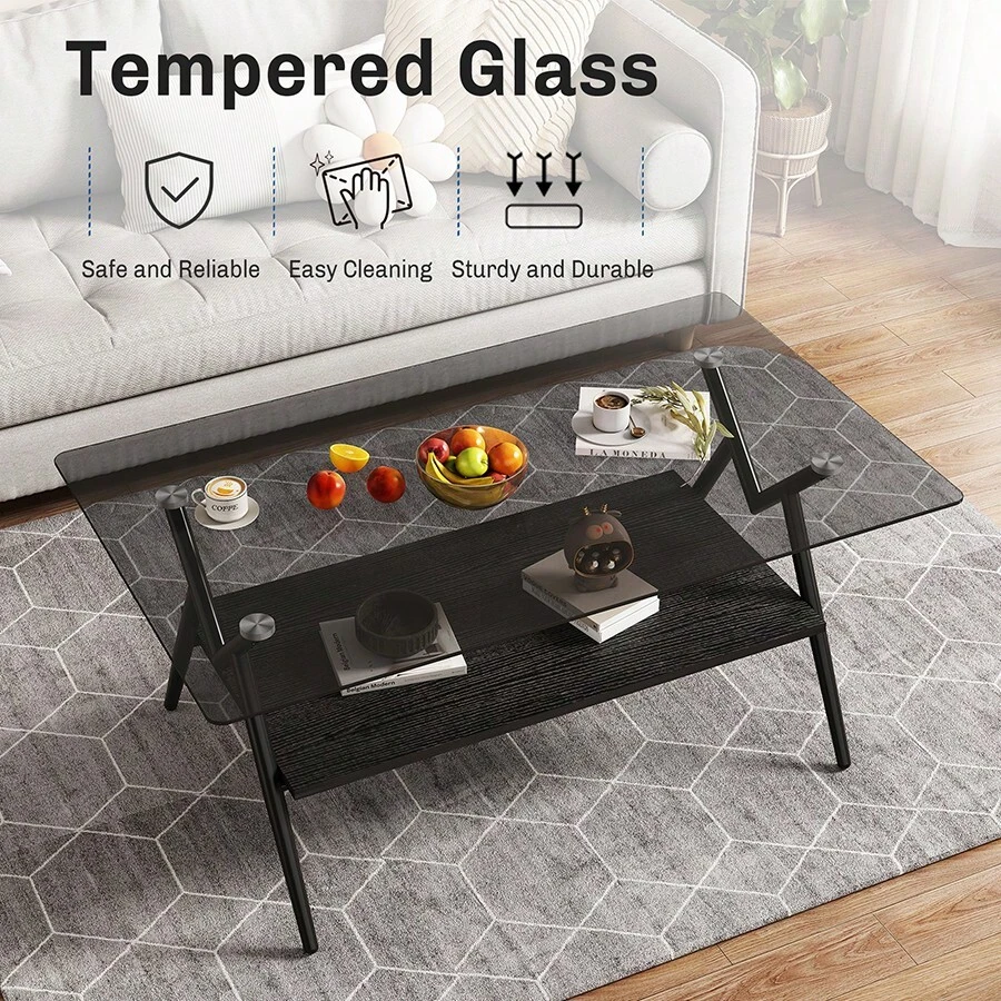 Yoglad Rectangle Coffee Table With Tempered Glass Top And MDF Shelf, Modern Table For Living Room, Gray Glass - Kính xám + Kệ đen - Xem 1