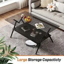 Yoglad Rectangle Coffee Table With Tempered Glass Top And MDF Shelf, Modern Table For Living Room, Gray Glass - Kính xám + Kệ đen - Xem 4