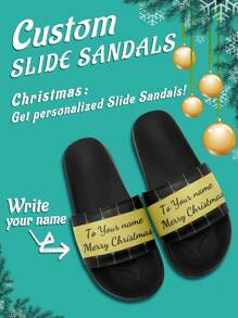 1 Pair Christmas Name Custom Slide Sandals, Personalized Santa Photo Slide Sandals, Custom Name Christmas Hat Thick Sole Slide Sandals, Personalized Slide Sandals, Photo Slide Sandals, Personalized Slide Sandals For Women And Men, Personalized Slide Sandals, Christmas Gift For Mom/Dad/Her/Him/Girlfriend/Boyfriend/Wife/Husband/Friend - Black - View 1