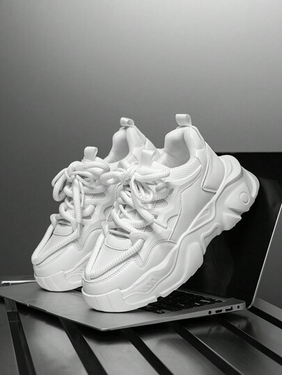 Men's Solid Color Splicing Thick Shoelace Design Lightweight Fashionable Casual Sneakers, Stylish Versatile Outdoor Sports Comfortable White Shoes